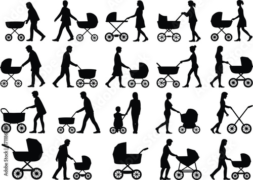 Parents pushing baby strollers, diverse silhouette icons, walking with prams, child care, family lifestyle, black vector symbols, outdoor activities, baby carriage, isolated design