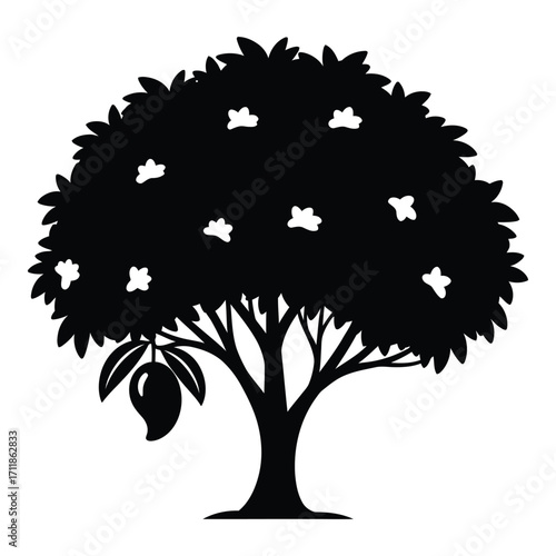 Silhouette of a lush mango tree with fruit and blossoms iconic tropical symbol silhouette
