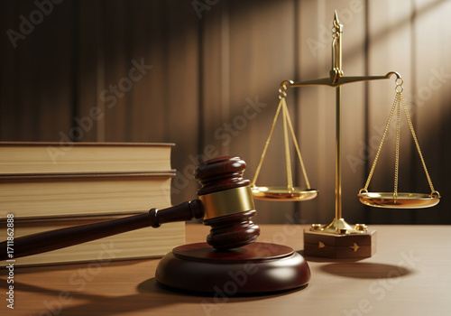 Law and Justice Concept Wooden Gavel, Scales of Justice, Books, Law Firm Office, Legal, Courtroom, Legislation.
