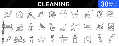 Cleaning line Icons set. Clean related line icons Washing, Vacuum Cleaner, Detergent, Household Cleaning Tools and Appliances. Editable stroke. Vector illustration