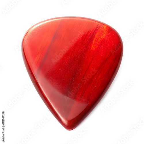A vibrant red guitar pick with a swirling pattern, isolated on a transparent background, perfect for musicians and music lovers