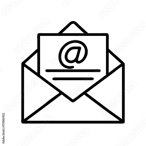 Black and white line art icon of an open envelope with an email symbol isolated on transparent background