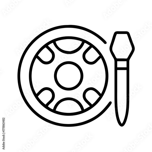 Simple line art icon of a makeup palette and brush isolated on transparent background