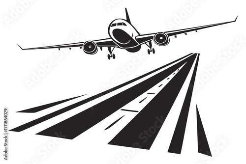 Airplane Landing on Runway Vector Illustration.