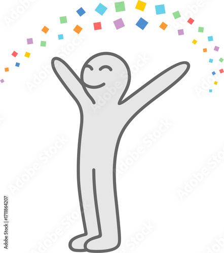 Vector illustration with cartoon happy smiling little man human person keeping hands up with particles pixels made in square forms of different size rotation made in different colors