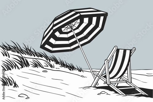 Beach Scene with Deck Chair and Umbrella.