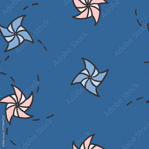 Vector seamless pattern with freehand drawn cartoon pinweels with rotated tracks on dark blue background