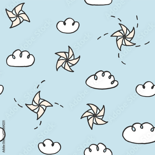 Vector seamless pattern with freehand drawn cartoon pinweels tracks clouds on blue background made in kid childish style