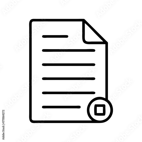 Black and white outline icon of a document with a stamp isolated on transparent background