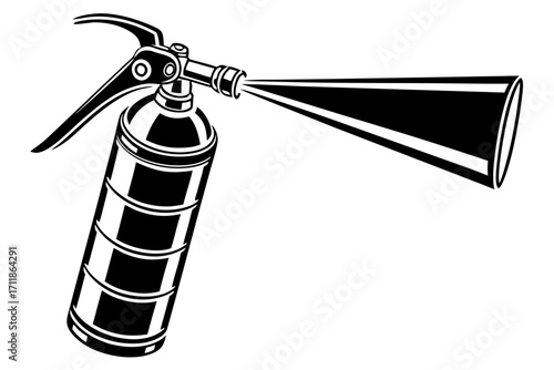 Black and White Fire Extinguisher Spraying Fire Retardant.