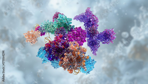 Spliceosome 3D complex: protein–RNA machinery performing pre-mRNA splicing. Structural molecular biology, gene expression, snRNPs, RNA processing. DNA, genetics, biotechnology, pharma, life science