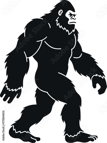 Fierce silhouette of a mythical Bigfoot creature walking with a determined stride