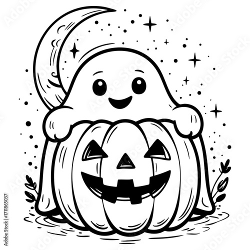 Happy ghost with jack o lantern