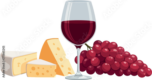 Elegant glass of red wine with assorted cheeses and fresh grapes, perfect for a sophisticated tasting or celebration.