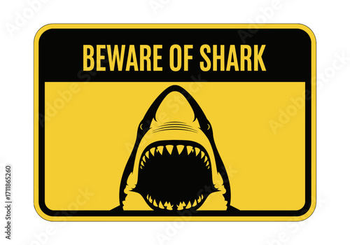Beware of Shark Sign A Yellow Warning for Ocean Dangers, Sharks, and Marine Life, Be Careful!