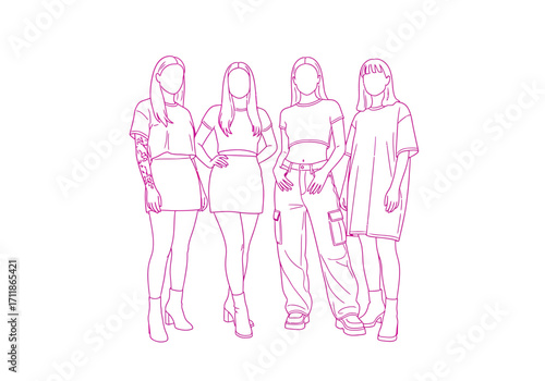 Minimalist line art illustration of a kpop girl group, four dancer friends posing in trendy outfits. Vector drawing of a pop band. 2