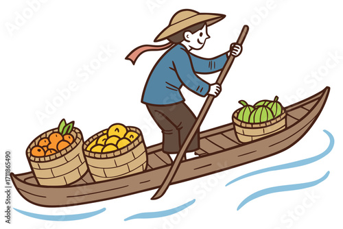 Cartoon Farmer Rowing Boat Laden With Fruit.