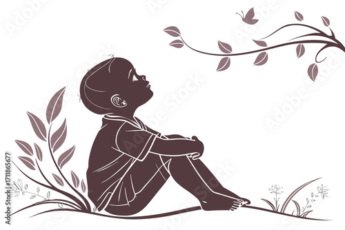 Child Gazing at Butterfly on Branch.