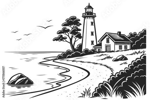Coastal Lighthouse and Dwelling Illustration.