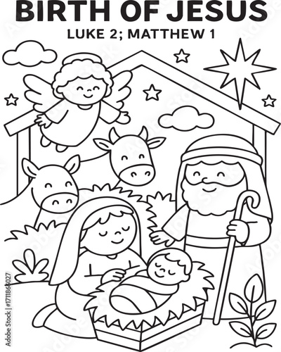 Black and white nativity scene vector with baby Jesus, Mary, Joseph, angel, animals, and star of Bethlehem from Luke 2 & Matthew 1