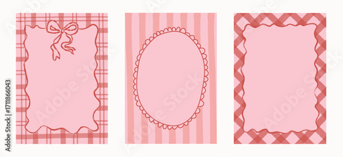 Retro pink and red decorative frames with bow, scalloped, and plaid details. Hand drawn backgrounds for holiday cards, Valentine messages, wedding notes, creative gift packaging. Vector illustration.
