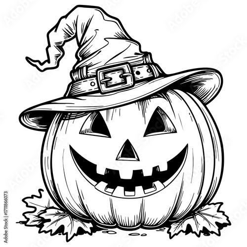 black and white halloween pumpkin wearing witch hat clip art preview