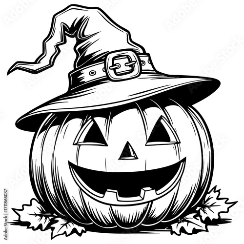 black and white pumpkin wearing witch hat clip art preview