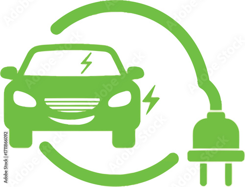 Green electric car charging with a smiling face, symbolizing eco-friendly transportation.