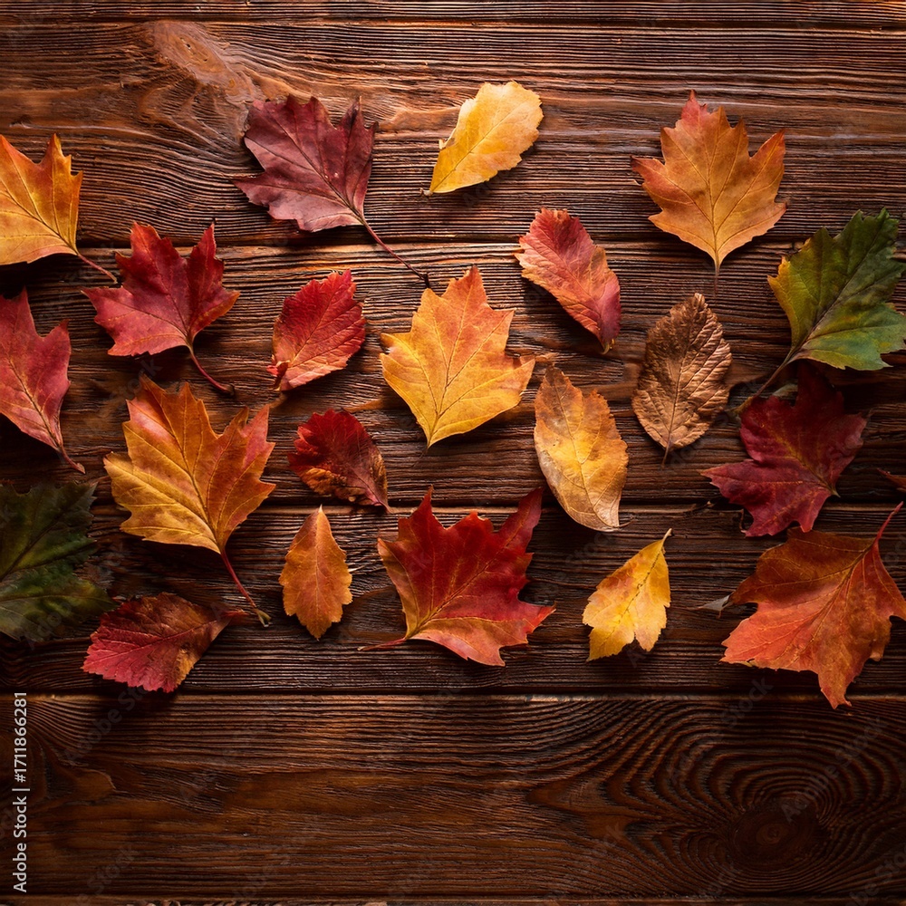 Obraz premium Flat lay of colorful autumn leaves scattered on rustic wooden table, soft warm light