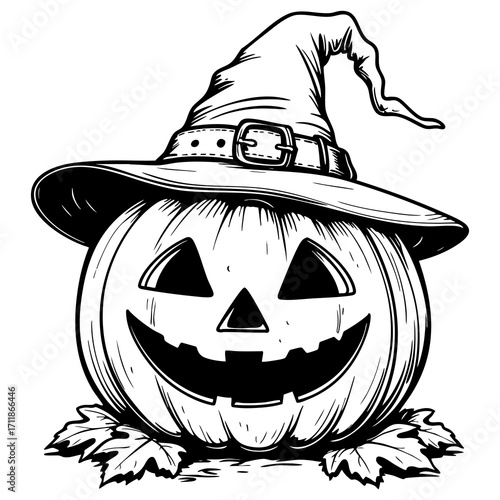 black and white halloween pumpkin wearing witch hat clip art preview