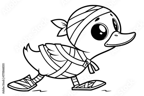 Cute Cartoon Duckling Wearing Bandages and Shoes.