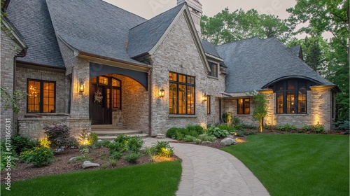 Elegant suburban home with brick and siding textures, manicured lawn and pathway lighting, bathed in golden sunlight - timeless charm and modern co