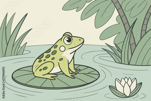 Cute Cartoon Frog Sitting on Lily Pad.