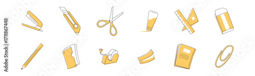 文房具アイコンセット 学校とオフィス用品のベクターイラスト