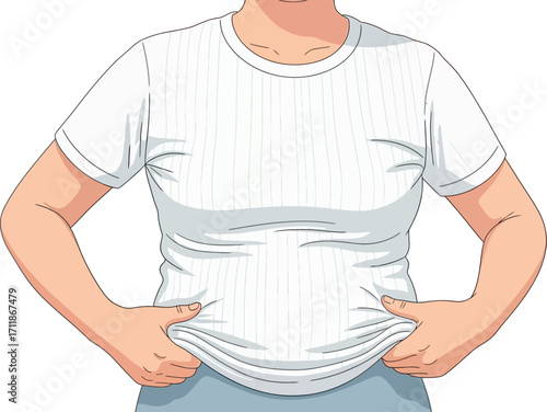 Person pinching excess weight around waist, showing body concern and self-consciousness.