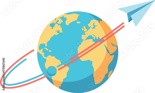 Paper airplane circles the globe, symbolizing travel and global connection.