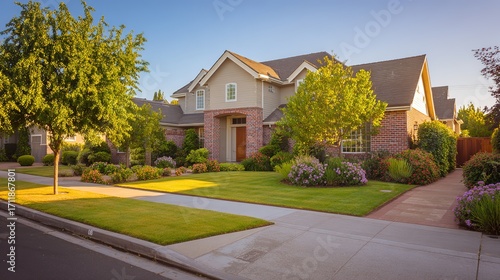 Elegant suburban home with brick and siding textures, manicured lawn and pathway lighting, bathed in golden sunlight - timeless charm and modern co