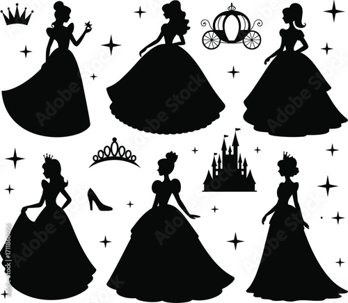 Princess silhouette clipart, fairy tale vector, royal dress design, castle and crown icons, magical elements, Cinderella theme, fantasy girl illustration bundle.
