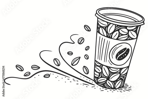 Handdrawn Coffee Cup with Scattered Beans.