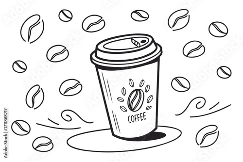 Handdrawn Coffee Cup with Beans and Swirls.