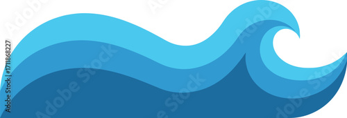 Stylized blue ocean waves with cresting curl on white background