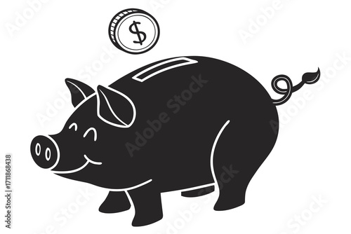 Happy Piggy Bank Receiving Dollar Coin.