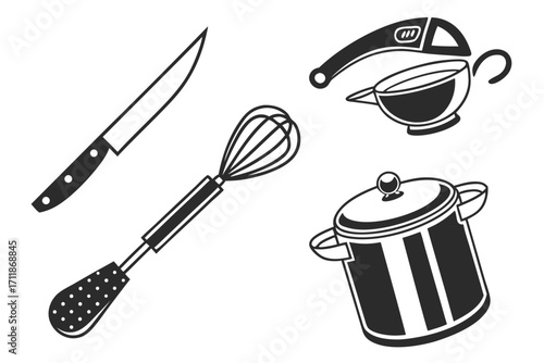 Kitchen Utensils Collection Knife Whisk Pot Sieve.