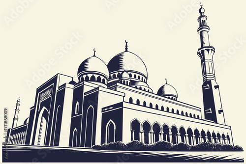Majestic Islamic Mosque with Domes and Minaret.