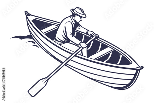 Man Rowing Boat Vintage Style Illustration.
