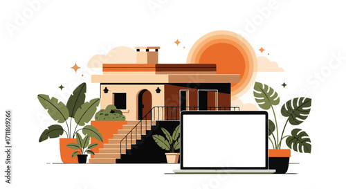 Laptop with blank screen on the background of the house. Flat style vector illustration.