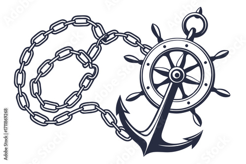Nautical Anchor and Ship Wheel with Chain.