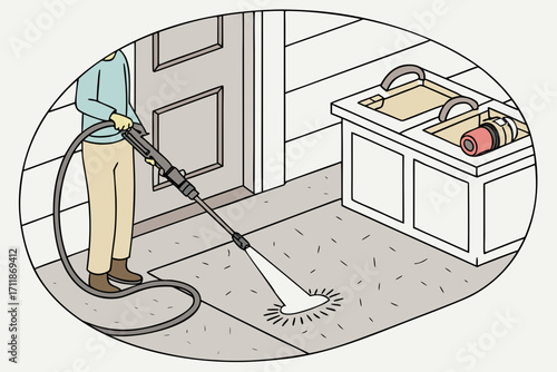Person cleaning patio with pressure washer.