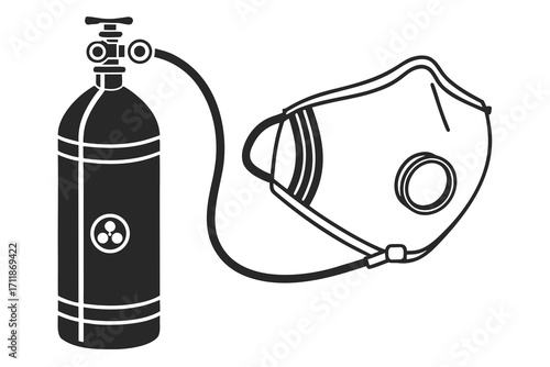 Oxygen Tank Connected to Protective Respirator Mask.