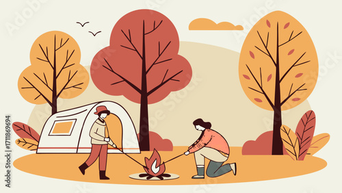 Cozy Fall Camping Scene: Two People Tending a Campfire Near a Tent Amidst Autumn Trees and Foliage in a Minimalist Style